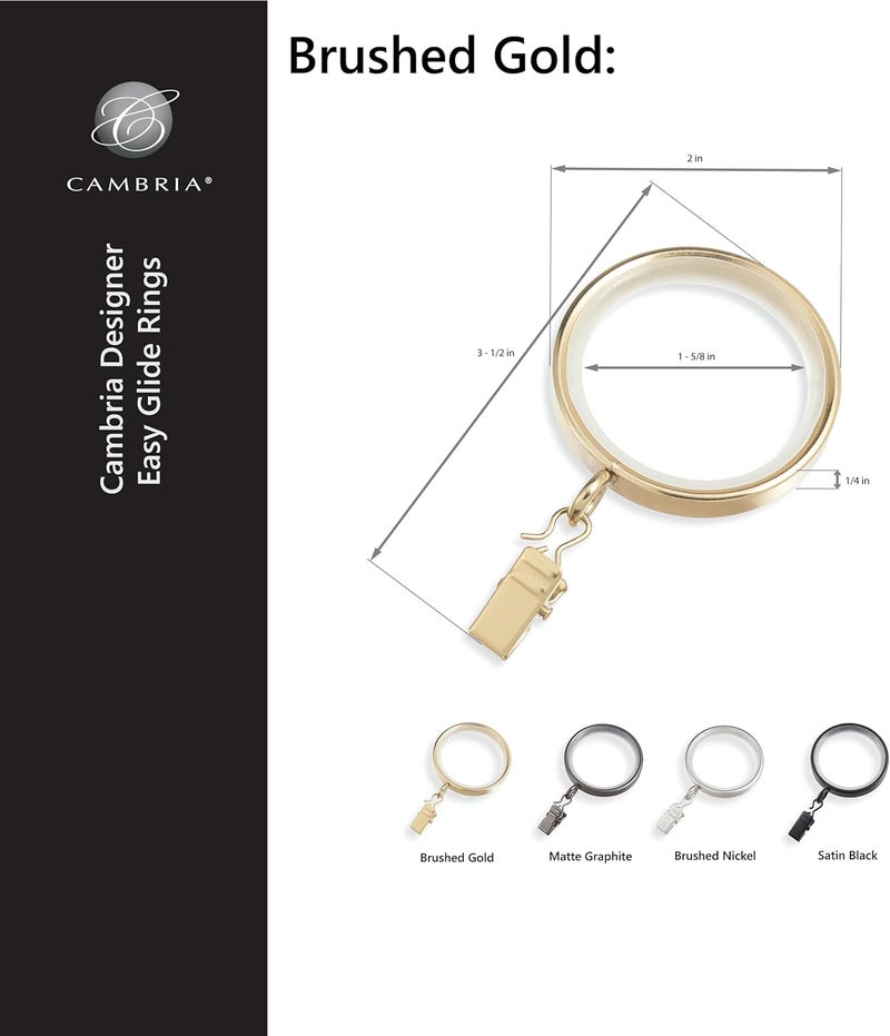 MODE Cambria Designer Series - Premium Easy Glide 18 Count Curtain Rings - Metal with Smooth, Quiet Nylon Inserts with Clips - 2 inch Diameter (1-5/8 inch Inside Diameter) - Brushed Gold - Image 3